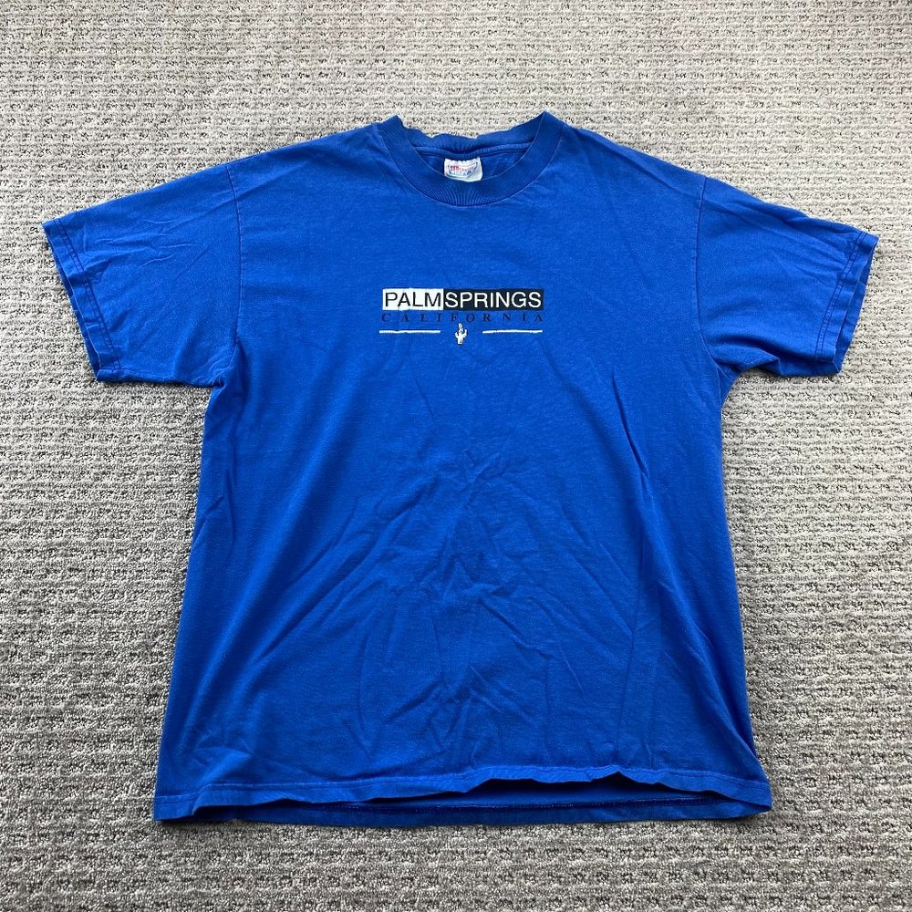 Vintage Hanes Beefy Tee Shirt Men Large L Blue Palm Springs California Y2K